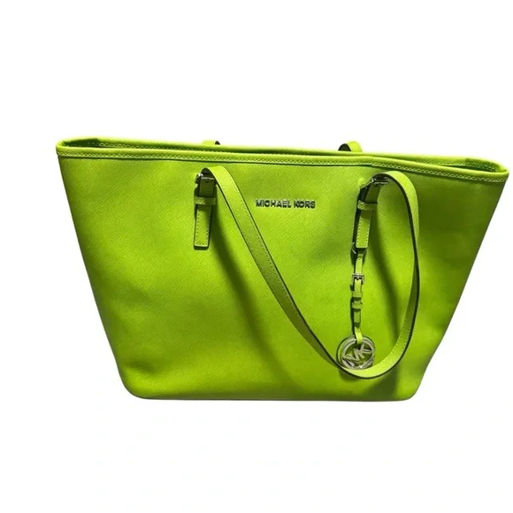Michael Kors Saffiano Leather Jet Set Tote Lime Green Shoulder Bag - Picture 2 of 10